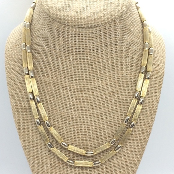 VINTAGE MID CENTURY MODERN MCM BRUSHED GOLD TONE DOUBLE STRAND NECKLACE - Picture 3 of 12